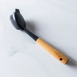 KSP Soft Bristle Silicone Bamboo Handle Dish Brush with Scraper Tip