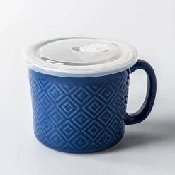 KSP Solid Textured 'Diamonds' Porcelain Soup Mug with Lid (Blue)
