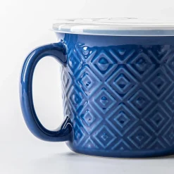 KSP Solid Textured 'Diamonds' Porcelain Soup Mug with Lid (Blue)