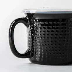 KSP Solid Textured 'Dots' Porcelain Soup Mug with Lid (Black)