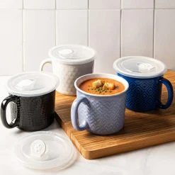 KSP Solid Textured 'Snowflake' Porcelain Soup Mug with Lid (White)