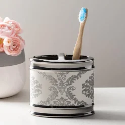 Moda At Home Damask Ceramic Toothbrush Holder (White/Silver)