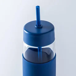 Quench Aura Slim Glass Water Bottle with Straw (Navy)